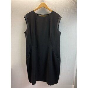 Lafayette 148 New York leather trim Short cap‎ Sleeve Shift Dress Black Size 16